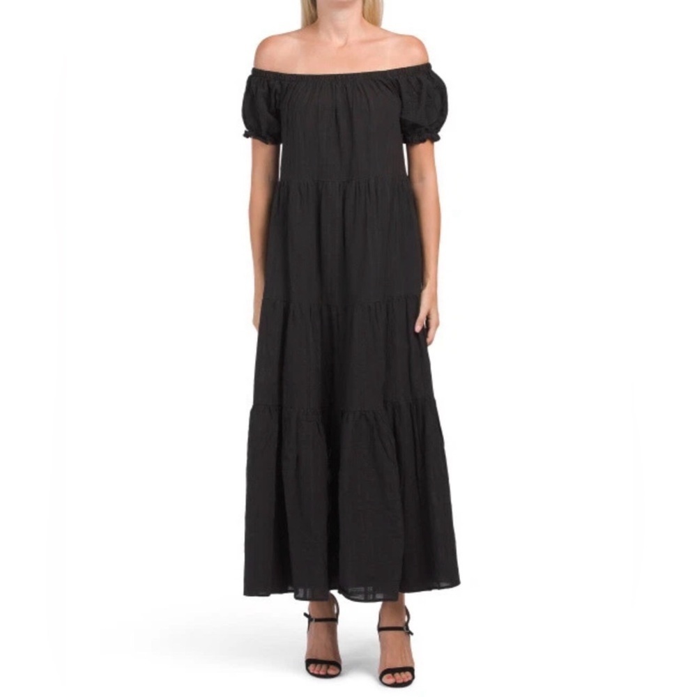 YOUNG FABULOUS & BROKE S Romantic Pastoral Black Tiered Off Shoulder Maxi Dress